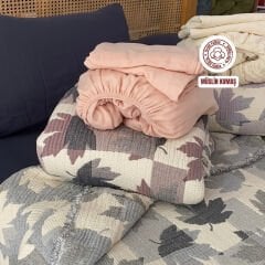 Sutra %100 Pamuk Jakarlı 8 Kat Müslin Yorganlı Çift Kişilik Lastikli Çarşaflı Uyku Seti